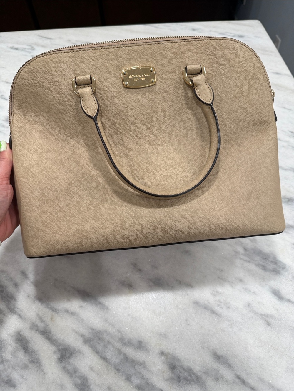 Michael Kors Taupe Saffiano Dome Satchel with Gold Hardware